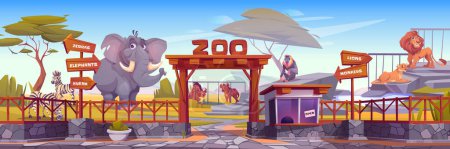 Zoo entrance gate and exotic African animals. Vector cartoon illustration of elephant, zebra, hyena, monkey, lion on territory of safari wildlife park surrounded by fence with wooden arrow signs