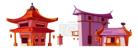 Cartoon set of Chinese houses or shops isolated on white background. Vector illustration of oriental architecture style buildings with traditional Asian roofs, decorated with red paper lanterns