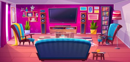Téléchargez les illustrations : Cartoon living room with tv set, game console and furniture. Vector illustration of cozy boho style home with cute cat on armchair, sofa, lamp, flower pots, books on shelf, pictures on pink wall - en licence libre de droit