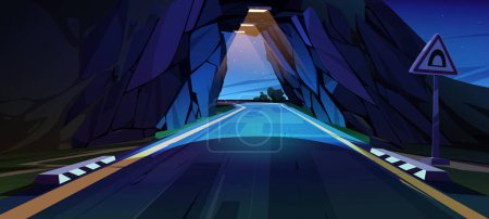 Car road tunnel, underground highway in mountain at night. Country landscape with asphalt way, caution sign of tunnel entrance in rock cave with lamps, vector cartoon illustration