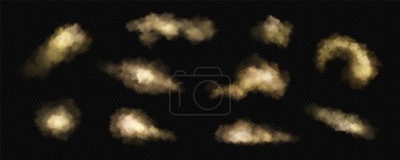 Téléchargez les illustrations : Brown dust, sand and smoke clouds set. Effect of sandstorm, wind storm in desert or explosion with texture of flying dusty powder, vector realistic isolated on transparent background - en licence libre de droit