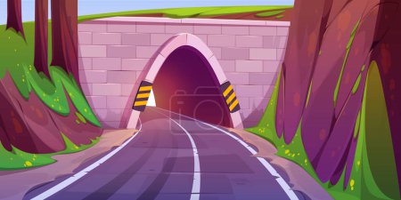 Téléchargez les illustrations : Cartoon road going through tunnel in mountain. Vector illustration of empty speed highway running through rock in forest, perspective view. Travel route, way to destination - en licence libre de droit