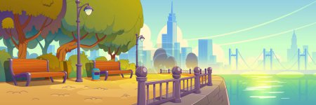Illustration for Summer cityscape with benches in park on river bank. Vector contemporary illustration of modern riverside city landscape with urban skyscrapers and bridge background, sunrise over empty public garden - Royalty Free Image