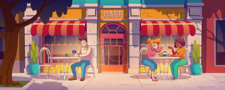 Téléchargez les illustrations : Happy people sitting in outdoor cafe. Vector contemporary illustration of male and female characters chatting, scrolling smartphone at coffee shop tables in city street in tree shadow. Urban lifestyle - en licence libre de droit