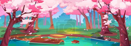 Spring forest with japanese cherry trees and lake. Park landscape with sakura trees with falling pink petals, river or pond shore, green grass and bushes, vector cartoon illustration