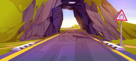 Cartoon road going through tunnel in mountain. Vector illustration of empty speed highway with warning traffic sign running through green hill, perspective view. Travel route, way to destination
