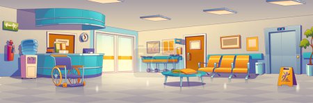 Illustration for Hospital or medical clinic hall interior with reception counter, chairs, elevator doors, wheelchair, gurney and water cooler. Empty hospital corridor, vector illustration in contemporary style - Royalty Free Image
