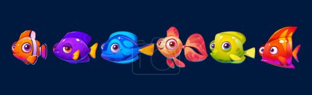 Illustration for Set of cute vector cartoon fish for aquarium game. Isolated happy underwater characters. Smiling fun baby marine clipart with face and mouth. Collection of exotic clownfish and cheerful creatures. - Royalty Free Image