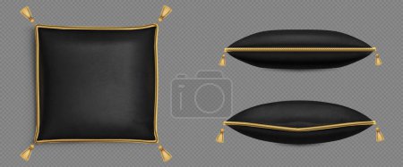 Illustration for Red velvet pillows decorated with gold cord or rope and tassels, 3D realistic vector illustrations. Soft silk cushion, royal design, top side view isolated on transparent background - Royalty Free Image
