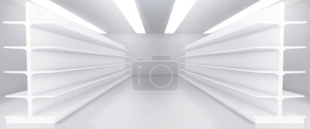 Ilustración de Realista maqueta interior del supermercado con estantes blancos. Ilustración vectorial de muebles vacíos de tienda, mercado o almacén para exhibición de mercancías. Pasillo entre filas de puestos de escaparate de negocios minoristas - Imagen libre de derechos