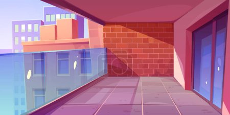 Empty interior of balcony with red brick wall and glass door with urban buildings outside. Summer terrace, lounge with glass fence and city skyline view, vector cartoon illustration