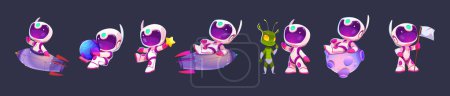 Cartoon vector illustration set of kid astronaut in space. Isolated spaceman on planet with rocket on background. Cute robot near alien holding star or white flag. Funny rpg galaxy asset design.