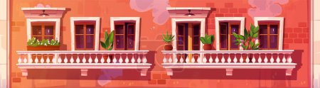 Vector vintage balcony building facade with door and window. Cartoon background illustration brick wall city house exterior. Flowerpot on retro apartment terrace. White balustrade with outdoor lamp.