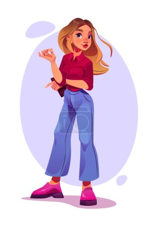 Illustration for Cartoon beautiful girl with blonde hair wear trendy burgundy colored shirt, wide blue jeans and pink shoes on white background. Young attractive woman portrait, game personage Vector illustration - Royalty Free Image