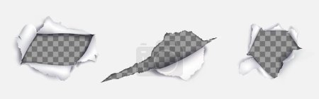 Téléchargez les illustrations : Torn paper, rip holes in white sheet isolated on transparent background. Blank paper page with ragged breaks, cuts with curl edges, vector realistic illustration - en licence libre de droit