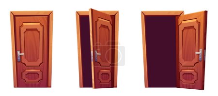 Téléchargez les illustrations : Cartoon set of open, closed classic wooden door isolated on white background. Vector illustration of brown doorway with knob and lock. Home or office interior design, furniture for room entrance - en licence libre de droit