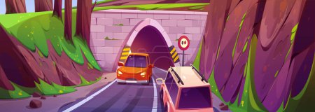 Ilustración de Vector túnel de carretera con la montaña y la señal de coche entrante. Tráfico por carretera de dos vías cerca de la entrada subterránea y la colina. Paisaje rural con automóviles en camino, ilustración de dibujos animados - Imagen libre de derechos