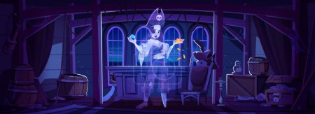 Pirate ghost in cabine on ship at night. Abandoned room with spooky captain corsair holding coin. Scary dark interior halloween vector background cartoon illustration with female character.