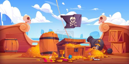 Illustration for Pirate ship deck with treasure chest and gold coins. Wooden corsair ship with piles of money, wooden barrels and black flag with skull, vector cartoon illustration - Royalty Free Image