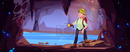 Ilustración de Hiker man travel in mountain cave. Concept of journey, trip adventure with tourist with backpack and flashlight in stone cavern with underground lake and crystals, vector cartoon illustration - Imagen libre de derechos