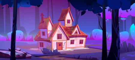 Forest landscape with house and trees at night. Fantasy magic wood with old cottage on glade, plants, grass, bushes and road. Summer countryside scene with hut, vector cartoon illustration