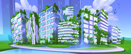 Futuristic smart city with eco buildings. Future sustainable town cityscape with houses and offices with garden on rooftop and waterfall, green trees and grass, pond, vector illustration