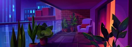 Ilustración de Homey interior of balcony with garden and furniture for lounge. Summer terrace with green plants and flowers in pots, glass fence and chair, vector cartoon illustration - Imagen libre de derechos