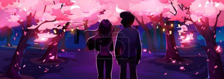 Téléchargez les illustrations : Love couple near cherry tree cartoon vector. Spring Japan landscape background for Valentine day design. Man and woman silhouette at night on a date. Romance in dark garden with falling petals. - en licence libre de droit