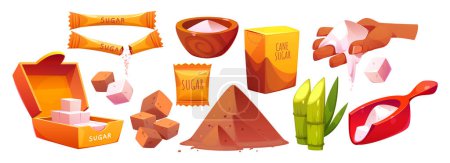 Illustration for Icons of white and brown sugar in cubes and powder. Sweet food ingredient, bag, scoop, bowl with heap of sugar crumbs, box and package, vector cartoon set isolated on background - Royalty Free Image