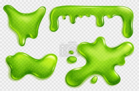 Ilustración de Green slime, jelly stain, liquid dripping snot or glue realistic vector isolated illustration on transparent background. Blot of toxic phlegm or slimy poison splash - Imagen libre de derechos