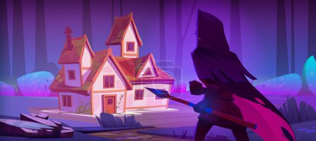 Illustration for Dangerous man with spear approaching house in night forest. Vector cartoon illustration of stranger in medieval clothes walking to cozy building with weapon in hand. Home security protection concept - Royalty Free Image