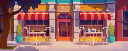 Café al aire libre, cafetería en la calle de la ciudad. Edificio exterior con restaurante o cafetería frontal, mesas y sillas en terraza, ilustración vectorial en estilo contemporáneo