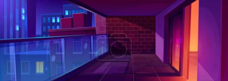 Illustration for Empty interior of balcony with red brick wall and glass door with urban buildings outside. Summer terrace, night lounge with glass fence and city skyline view, vector cartoon illustration - Royalty Free Image