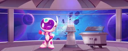 Illustration for Cartoon vector spaceship with astronaut character background. Futuristic interior inside rocket lab with cosmonaut. Steel metal texture in shuttle control center. Spacecraft room illustration. - Royalty Free Image
