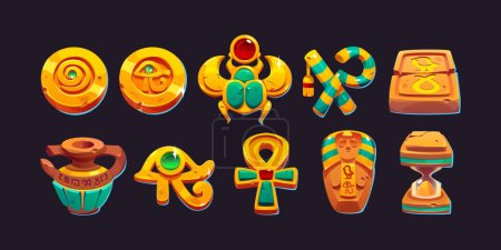 Game icons of ancient Egyptian gold coins, pharaoh tomb, vase, amulets and hourglass. Golden badges with symbols of gods of Egypt, vector cartoon set isolated on background