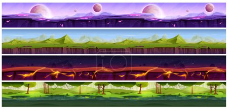 Téléchargez les illustrations : Set of cartoon vector seamless runner game ground surface. Space with planet strip. Lava land horizontal pattern for ui design. Mountain and forest pond with water lily scene wide landscape background - en licence libre de droit