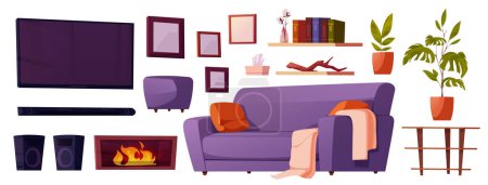 Illustration for Vector cartoon interior furniture set for living room. Isolated tv, sofa, fireplace and console for diy construction scandinavian house. Creation of comfortable indoor hygge lifestyle picture. - Royalty Free Image