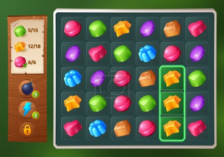 Illustration for Match 3 candy game ui interface background. Vector jelly puzzle mobile app design. Set of food icon on screen with score field. Cartoon gameplay assets with bonus and booster button. - Royalty Free Image