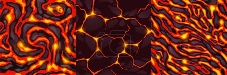 Illustration for Textures of lava, magma and stones. Seamless patterns of volcano rock surface with cracks and flows of hot molten liquid lava in top view, vector cartoon illustration - Royalty Free Image