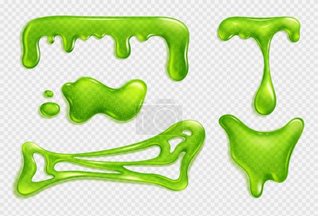 Illustration for Green slim stretched, jelly , liquid dripping snot or glue realistic vector isolated illustration on transparent background. Blot of toxic phlegm or slimy poison splash - Royalty Free Image