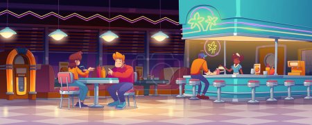 Diner, american restaurant interior with people eating food, bar counter, tables, jukebox and waitress. Retro cafe or coffee shop in 50s style, vector illustration in contemporary style