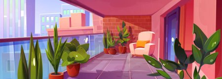 Illustration for Homey interior of balcony with garden and furniture for lounge. Summer terrace with green plants and flowers in pots, glass fence and chair, urban buildings outside, vector cartoon illustration - Royalty Free Image