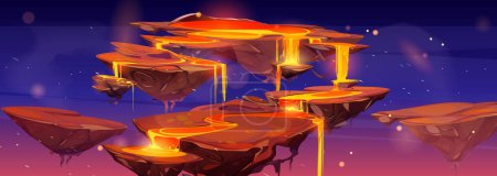 Illustration for Vector floating lava islands game cartoon landscape background illustration. Volcano magma flow on ground. Magic danger fantasy planet asset with rock to fight. Flying arena for arcade with eruption - Royalty Free Image