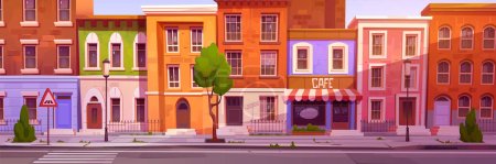 Téléchargez les illustrations : Cartoon city street with nice houses and cafe. Vector illustration of town neighborhood, residential district. Brick buildings facade with windows and doors, empty sidewalk and road on sunny morning - en licence libre de droit