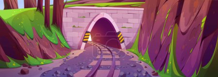 Téléchargez les illustrations : Cartoon railway tunnel in mountains. Vector illustration of railroad track running through stone bridge arch with brick entrance between rocks, forest trees, green grass on hills. Game background - en licence libre de droit