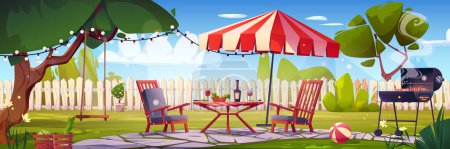 Ilustración de BBQ party on backyard. House patio with fence, furniture for picnic with barbecue, green grass and tree. Summer landscape of yard with table, umbrella, grill and swing, vector cartoon illustration - Imagen libre de derechos