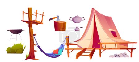 Illustration for Glamping equipment for trip, isolated vector. Sleeping tent, pillow and hammock cartoon illustration for best camp experience. Luxury survival journey element collection with turkish pot and barbecue - Royalty Free Image