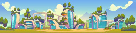 Green energy sustainable eco city banner concept. Smart building technology on future with plant on roof. Urban futuristic cartoon background. Forest on skyscrapper as alternative electricity source.