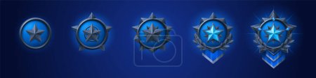 Illustration for Military insignia rank badge for 3d game. Blue isolated army icon with achievement progress cartoon illustration. Vector medal set for soldier player in shooter. Platinum emblem sign - Royalty Free Image