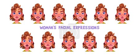 Illustration for Woman facial expressions isolated vector illustration. Set of female face avatar with different emotion. Girl character is angry, happy, upset, surprise or ashamed. User animation head collection. - Royalty Free Image